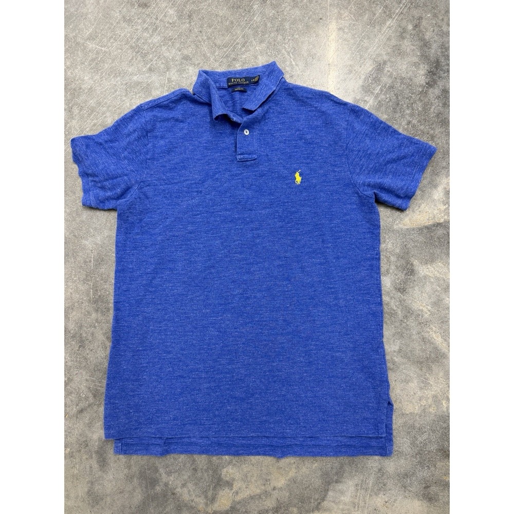 Polo Ralph Lauren Mens L Custom Fit Short Sleeve Polo Shirt Blue Yellow Pony